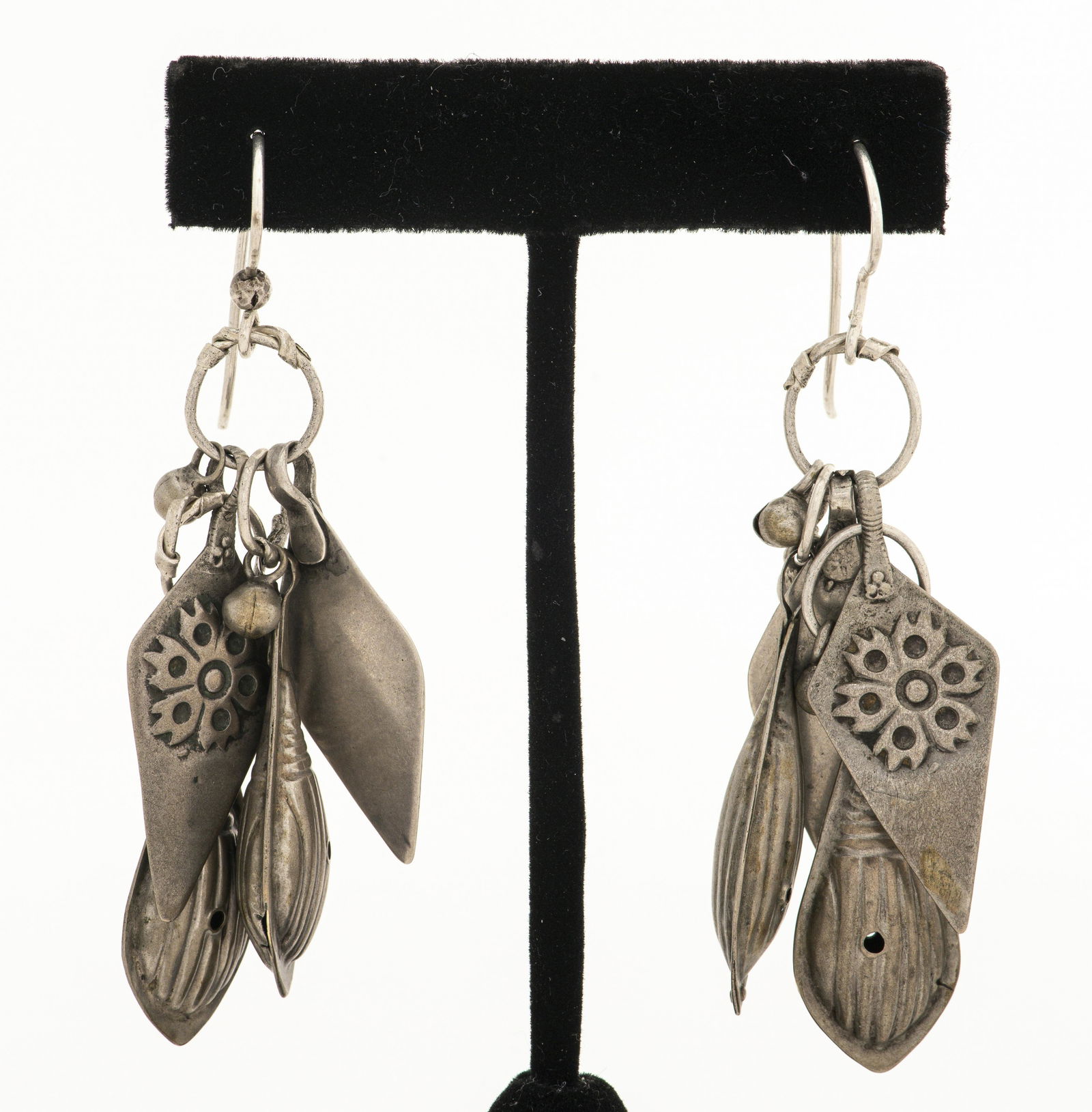 Tribal Silver Repousee Cluster Drop Wire Earrings (1 of 3)