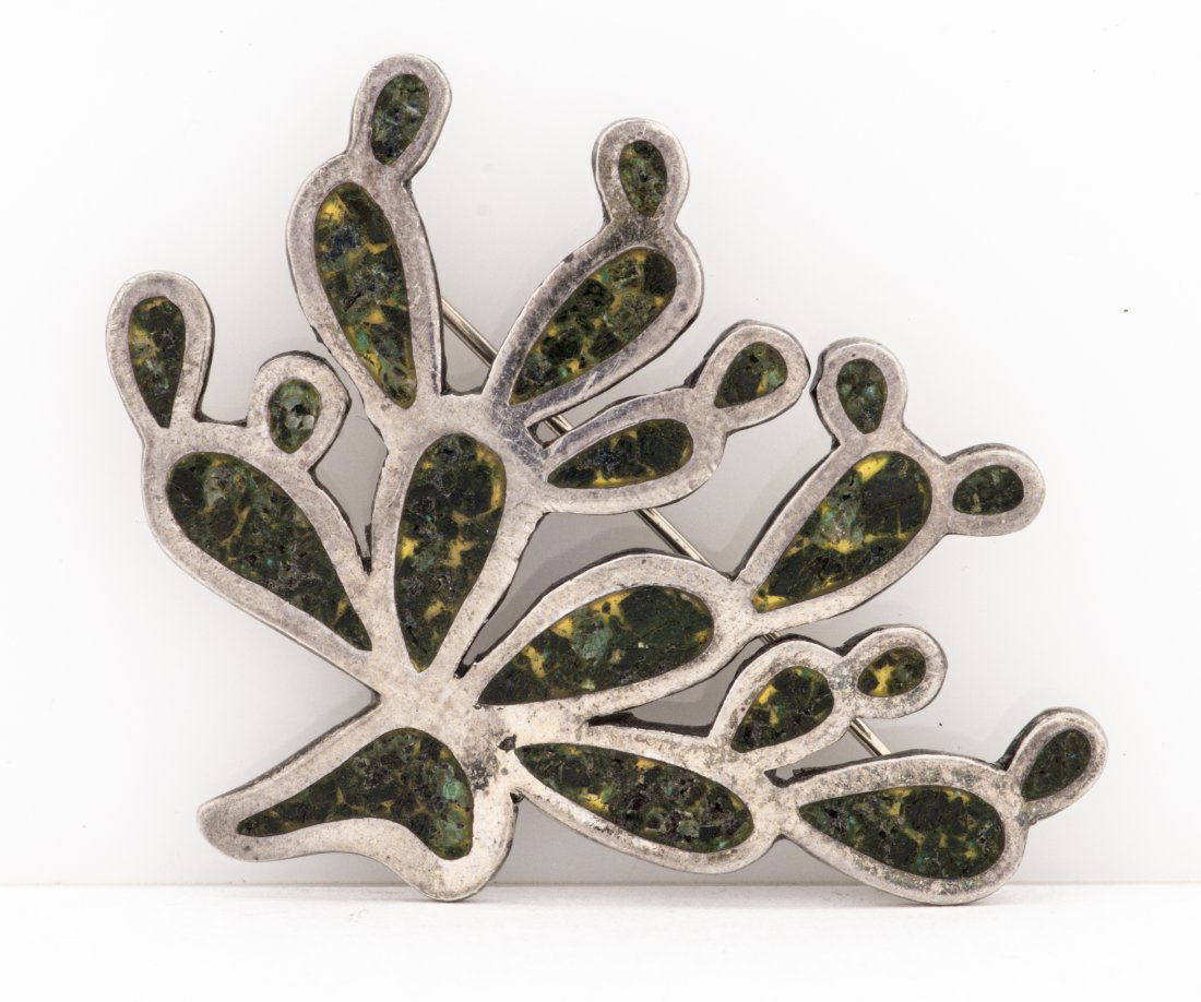 Taxco Mexican Silver Composite Green Stone Pin (1 of 4)