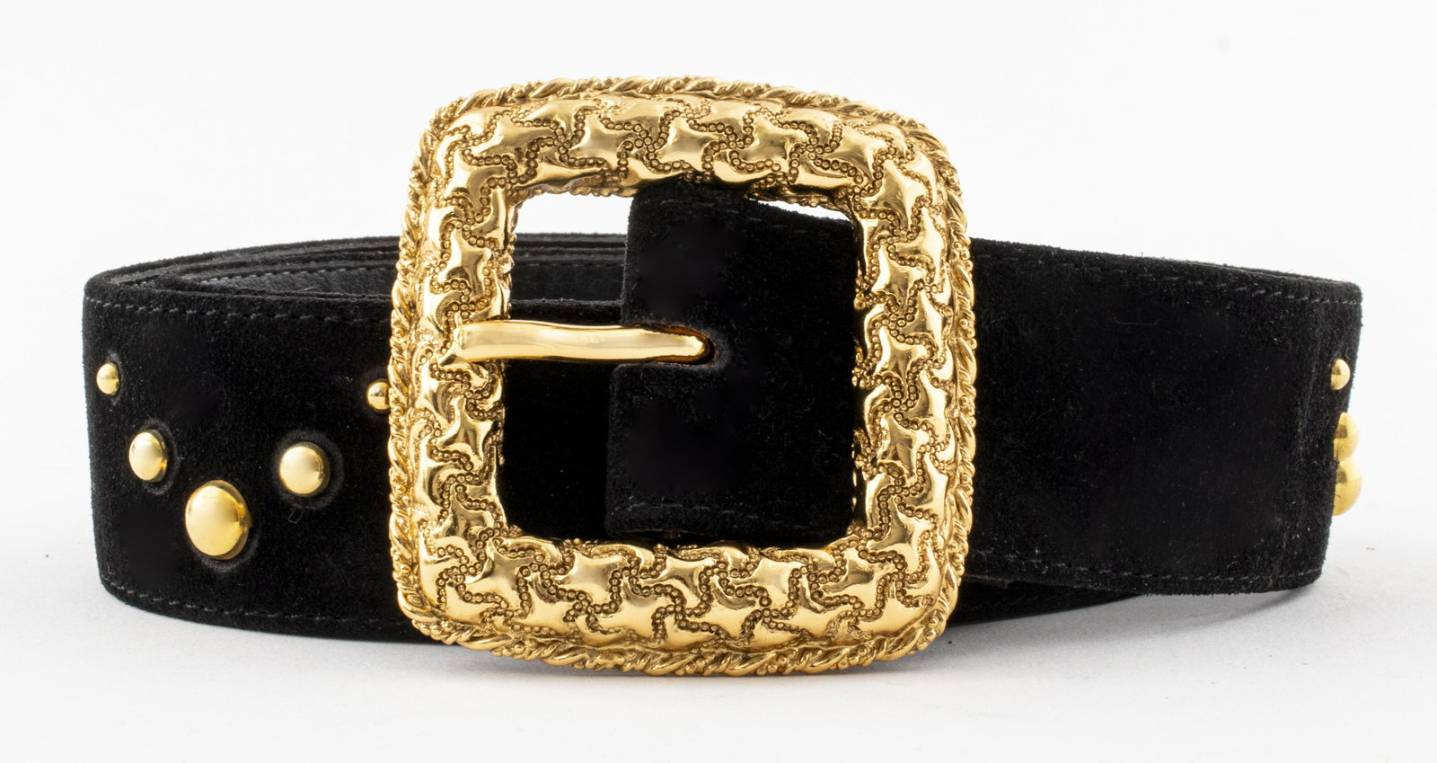 Sonia Rykiel Black Suede Belt W/Gold-Tone Accents: Sonia Rykiel Paris black suede belt with gold-tone hardware and accents, size 5, 27" L usable.