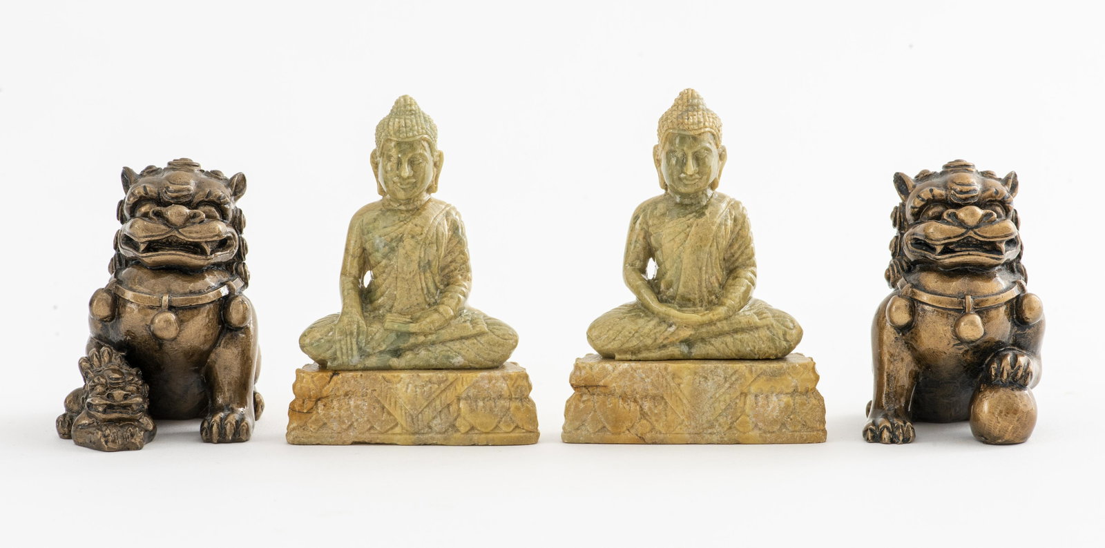 Hardstone Buddhas & Chinese Lions, 2 Pairs: Pair of hardstone Buddhas and pair of resin Chinese lions. 3.25" H x 2.25" W
