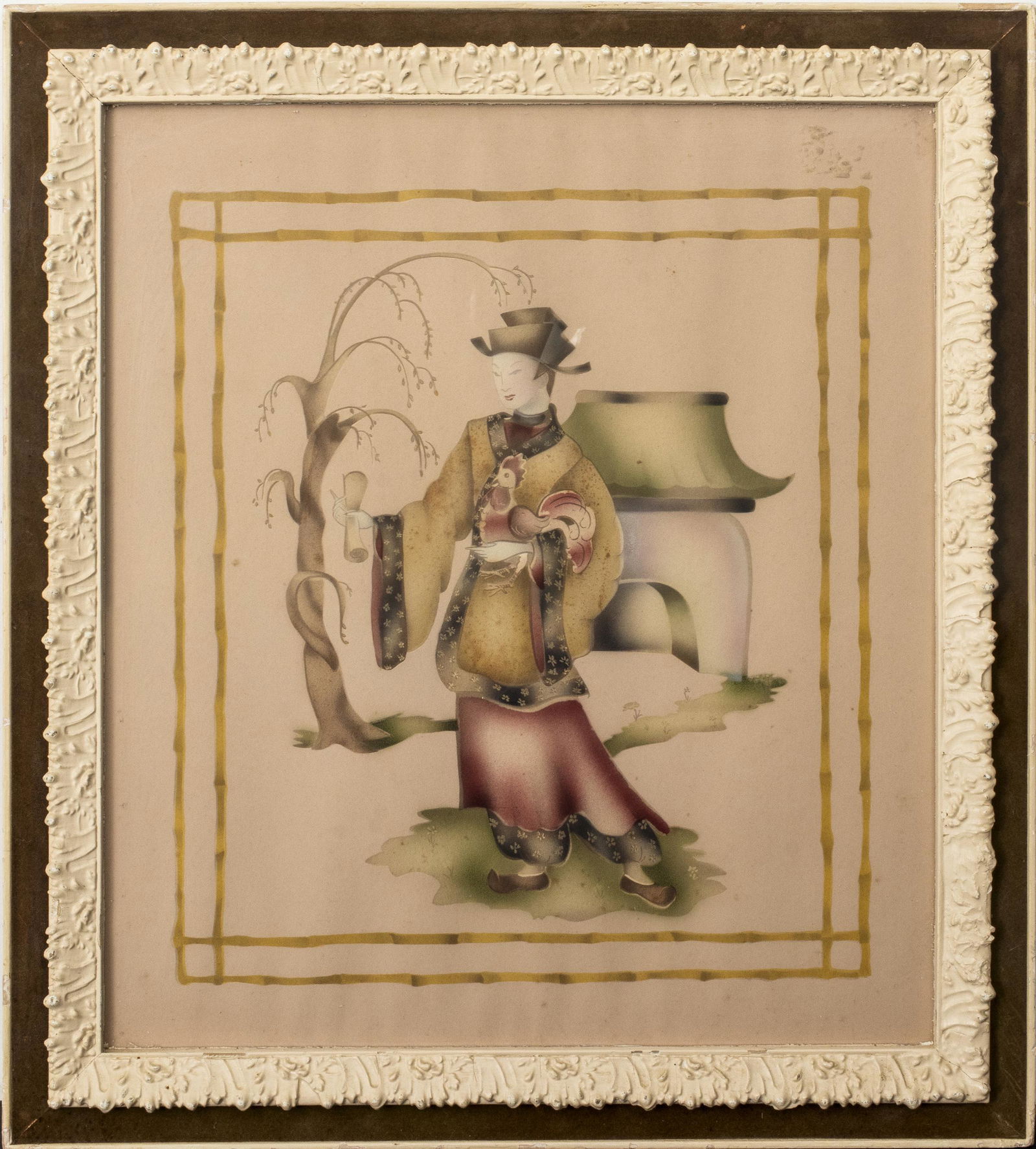Japonisme Figural Lithograph: Japonisme print of a woman in olive-toned robe holding a red rooster and a scroll in front of a pagoda. Image 17.75" H x 15" W, frame 22" H x 19.25" W.