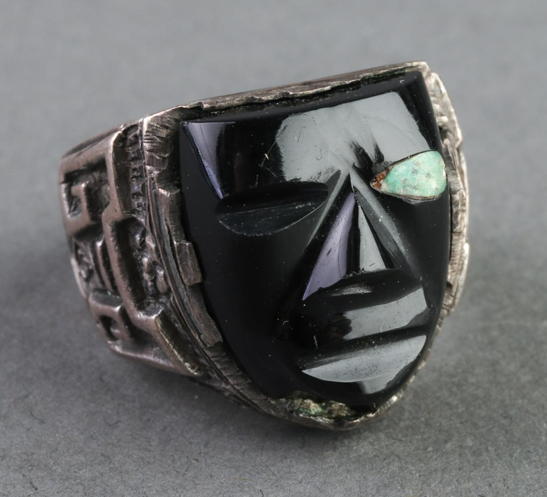 Mid-Century Modern Silver & Onyx Tiki Style Ring (1 of 4)