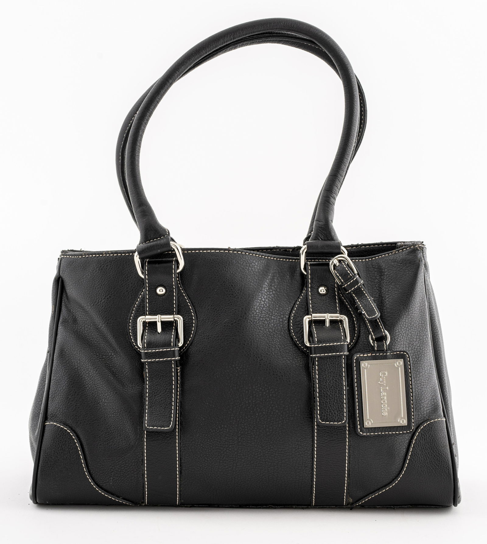 Guy Laroche Leather Purse: Guy Laroche Paris Leather Purse, leather outer with cotton lining, comes with original dust bag. 9" H x 15" W x 6" D. Minor wear to handles and upper edges of purse.