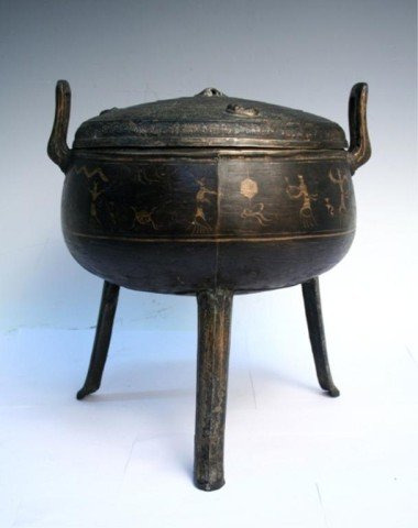 Chinese Han Dynasty Bronze Tri-footed Censer: Tri-footed bronze censer with lid and two handles, decorated with various figures, Han Dynasty (206BC-AD220) China; unmarked. Dimensions:12"H X 10-1/2"W x 9" diameter