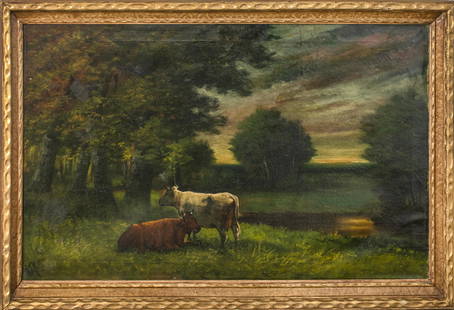 A. J. Miller Signed Regional Scene Oil on Canvas: Alfred Jacob Miller (1810-1874) signed oil on canvas depicting American regional scene of cows grazing in pasture, signed "A. J. Miller" lower left. Image: 21.25" H x 35.5" W; frame: 25.5" H x 39.25"