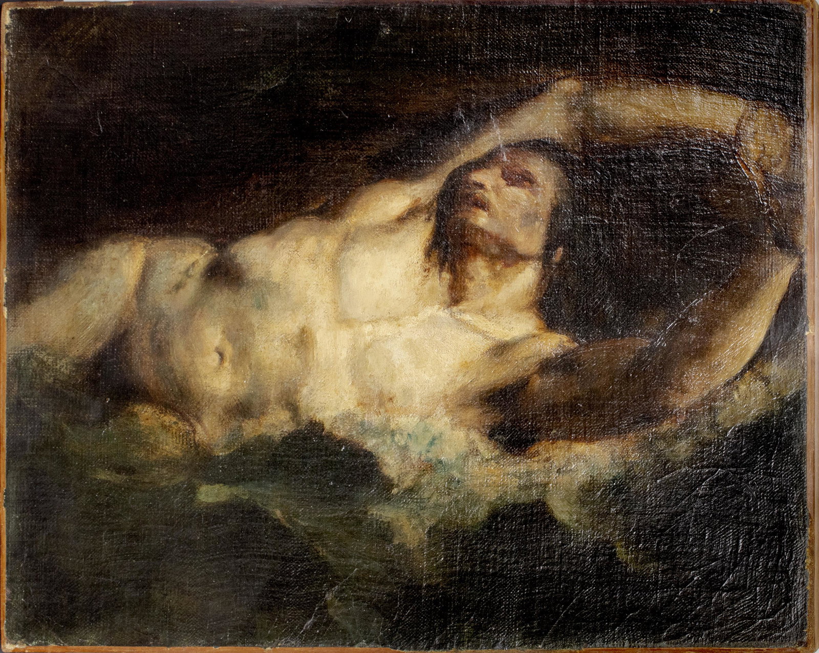 After Delacroix 'Male Nude' Oil on Canvas: Antique oil on canvas detail after the 1822 Eugene Delacroix (French, 1798-1863) painting "The Barque of Dante," depicting a nude male figure as one of the dammed in the River Styx in Hell, unframed,