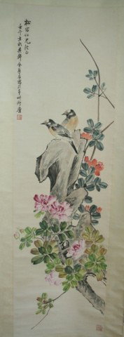 Chinese Scroll Painting Jing Meng Shi Birds Flower: Ink and color scroll painting mounted on silk of birds and flowers by JIng Meng Shi, China; signed and sealed. Dimensions: Overall 83"L x 21"W; image area 51-1/2"L x 15"W
