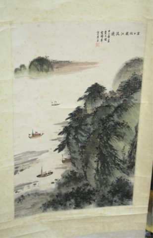 Chinese Scroll He Tian Jian Landscape Painting: Ink and color scroll painting mounted on silk of landscape by He Tian Jian, China; signed and sealed. Dimensions: Overall 67-1/4"L x 22-1/4"W; image area 26-1/2"L x 17-1/2"W