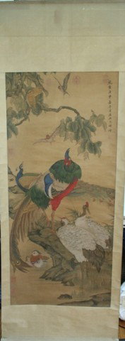 Chinese Qing Birds Scroll Painting Shen Quan: Ink and color on silk of birds and flowers, titled Five Relationships, artist Shen Quan (1644-1760), China, Qing Dynasty (1644-1911); marked and sealed. Dimensions: Overall 78"L x 29"W; image area 54-