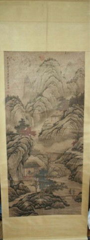Chinese Qing Dynasty Landscape Scroll Wang Shimin: Ink and color on paper mounted on silk of mountain landscape, artist Wang Shimin (1592-1680), China, Qing Dynasty (1644-1911); marked and sealed. Dimensions: Overall 74-1/2"L x 28-1/4"W; image area 51