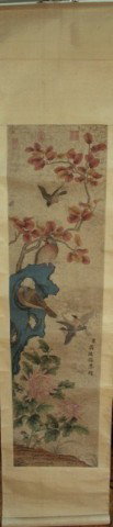 Four Chinese Qing Scroll Paintings Jiang Tingxi: Four scroll paintings by Jiang Tingxi (1669-1732) of birds and flowers, titled The Seasons of Flowers and Birds in Four Panels, ink and colors on paper mounted on silk, China, Qing Dynasty (1644-1911)