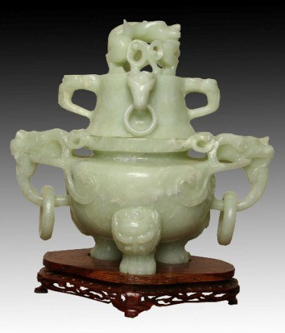 Chinese Carved Jade Dragon Tripod Censer: Carved jade censer with stylised dragons for handles and finial, China; unmarked. Dimensions: 10-1/2"H x 9-1/2"W x 5"D