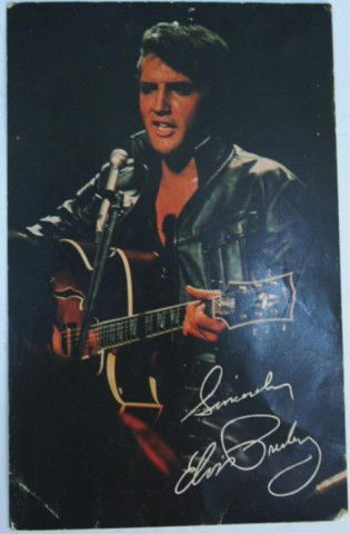Elvis Presley Postcard with Authentic Signature: Postcard of Elvis Presley perfoming, "Don't Miss 'Singer presents Elvis', NBC Television Network, Sunday, August 17th, 1969, Elvis now in person, International Hotel, Las Vegas, Nevada" and authentic