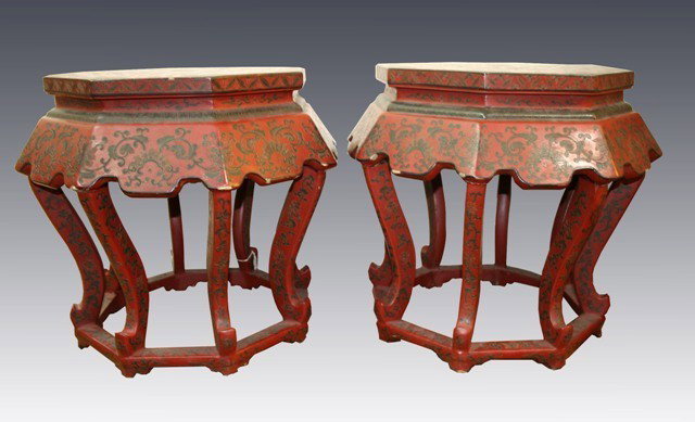 Chinese Cinnabar Garden Stool Pair 19th Century: Pair of cinnabar garden stools with black floral accents, nineteenth century, China; unmarked. Dimensions: 18-1/2"H x 20-1/2"W; seat area 17-1/2"
