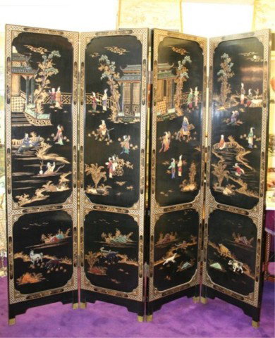 Chinese Black-&-Gold Lacquer Screen Early 20th C.: Large black and gold lacquered four-paneled screen, lacquered wood with metal hinges, China, early twentieth century. Dimensions: Approximately 72"H x 73"W