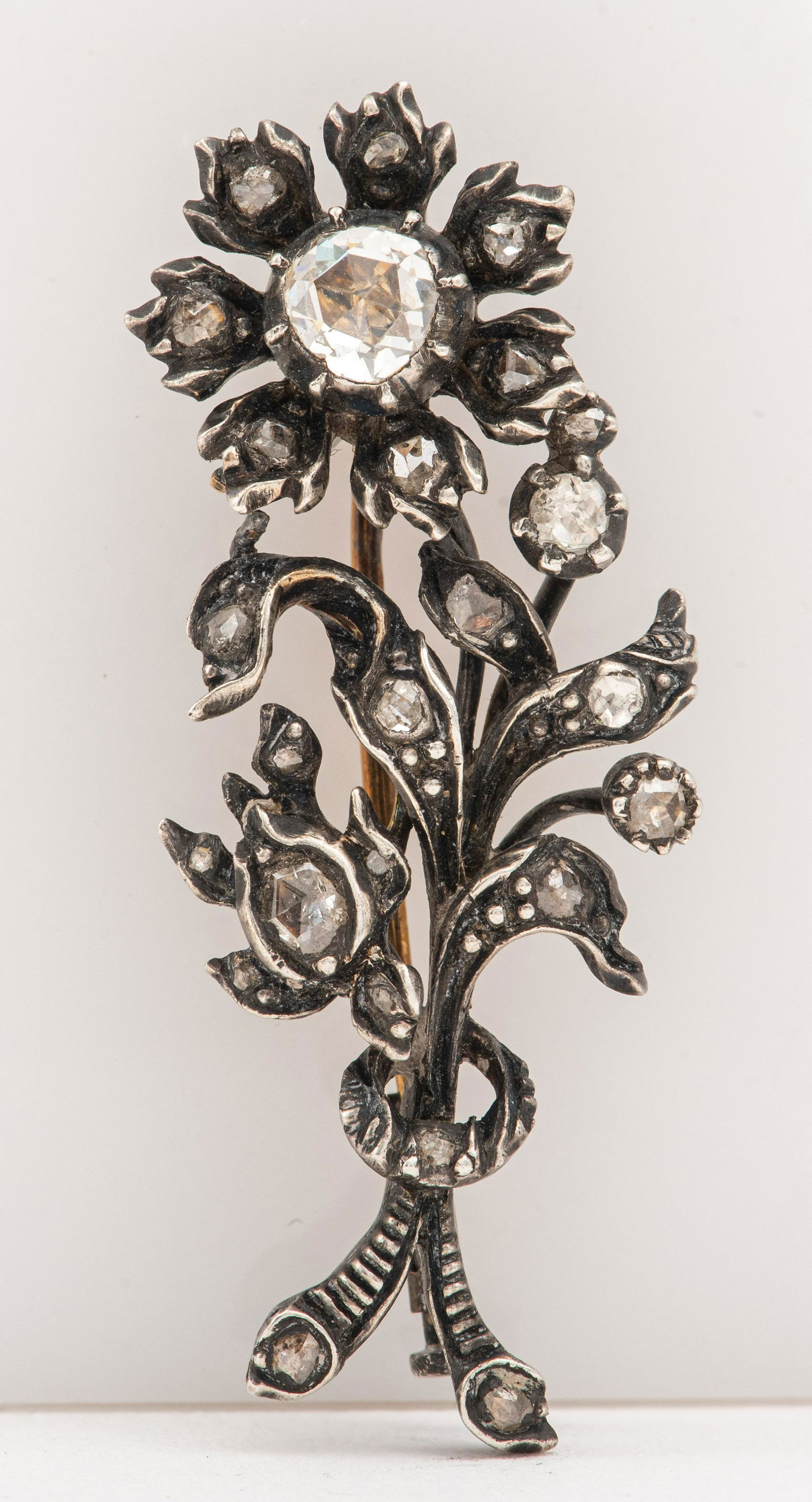Victorian 14K Gold & Silver Diamond Flower Pin (1 of 3)