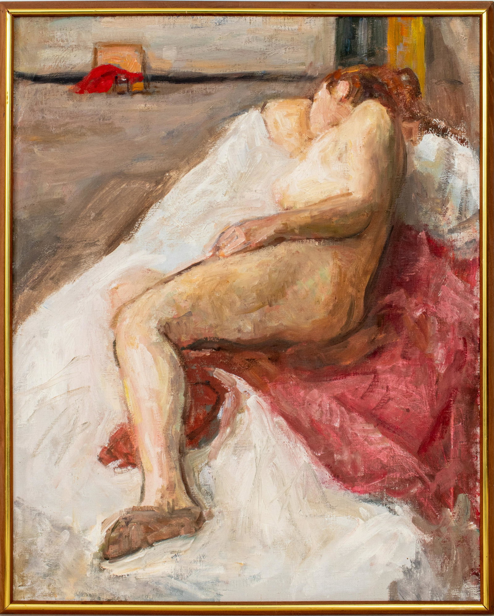 Maher Reclining Nude Oil on Canvas: Maher, reclining nude, oil on canvas, unsigned. Image: 29.5" H x 23.5" W; frame: 31.5" H x 25.5" W