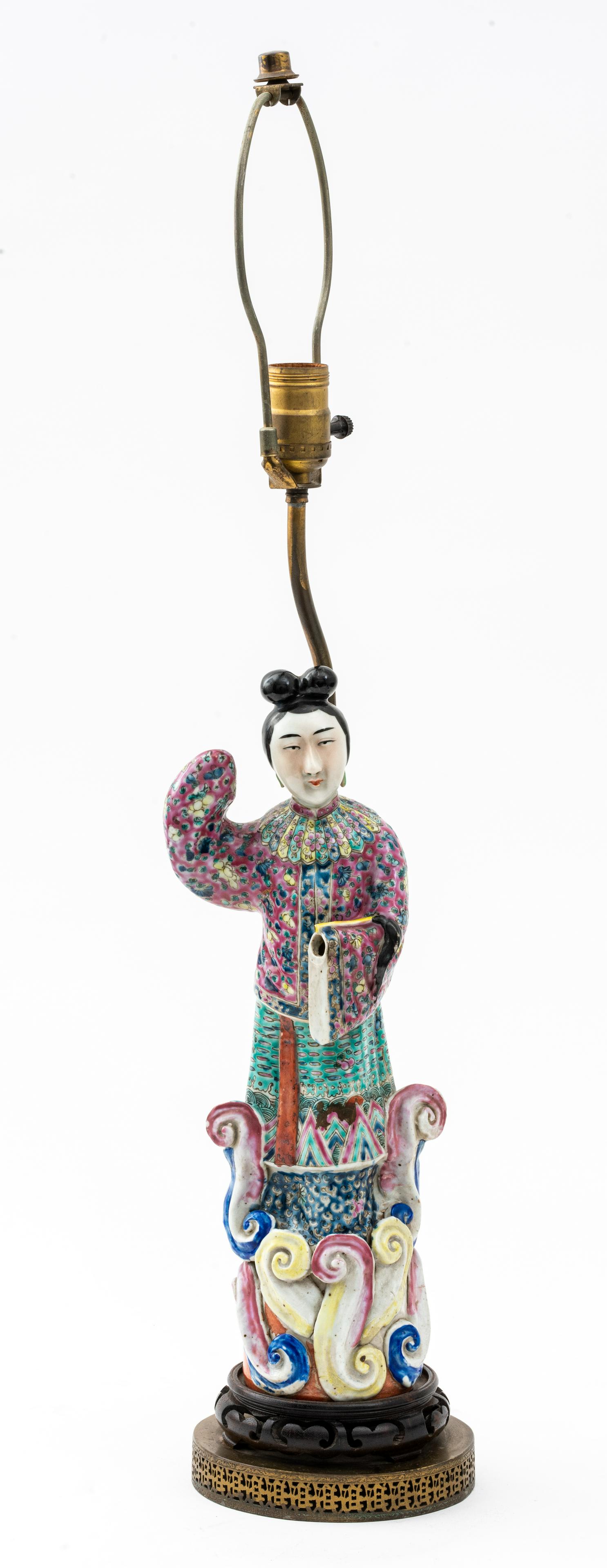 Chinese Polychrome Painted Ceramic Guanyin Lamp (1 of 8)