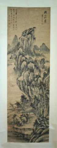Chinese Qing Scroll Painting by Wang Penxing: Landscape scroll painting, ink on paper, artist Wang Penxing, China, Qing dynasty (1644-1911); marked. Provenance: Private Collection, New York Dimensions: overall 86"H x 24-3/4"W; image area 55"H x 1