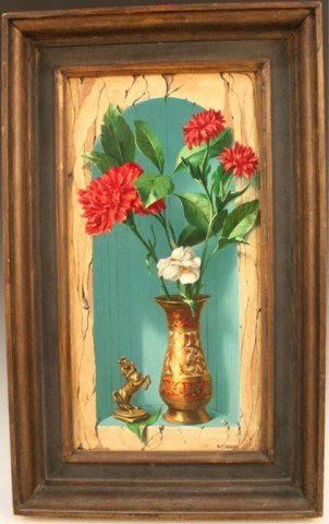 American Trompe-l'Oeil Oil Raymond Whyte: Trompe-l'oeil painting shows a niche containing a small bronze sculpture of a horse and an arrangement of red carnations in an ornately-decorated vase, oil on board, signed RA Whyte (American, 1923-20