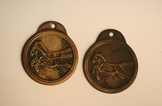 2 Korean Gilt Bronze Horse Secret-Agent IDs 19th C: Lot of two gilded antique secret-agent I.D. medallions featuring one horse on one and two horses on another indicating rank (two horses denote a higher ranking official), bronze, Korea, nineteenth cen