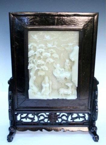 Chinese Carved White Jade Screen 19th Century: Finely carved white jade and lacquer wood screen with figural scene; screen can be removed from stand, China, nineteenth century; unmarked. Dimensions: 18-1/4"H x 13-3/8"W x 5-1/2"D