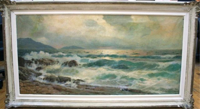 Oil on Canvas Signed Alexander Dzigurski Painting: Alexander Dzigurski (American, 1911-1995) Italian seascape, oil on canvas, 1949; signed A. Dzigurskiand San Leonardo - Salerno (lower right). Dimensions: 31"L x 54-1/4"W; image area 22-3/4"L x 46-1/2"