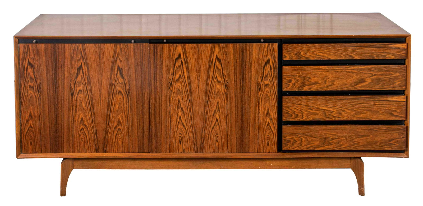 Mid-Century Modern Rosewood Credenza: Mid-Century Modern rosewood credenza sideboard with two doors and four drawers. 31.5" H x 74" W x 19.75" D.