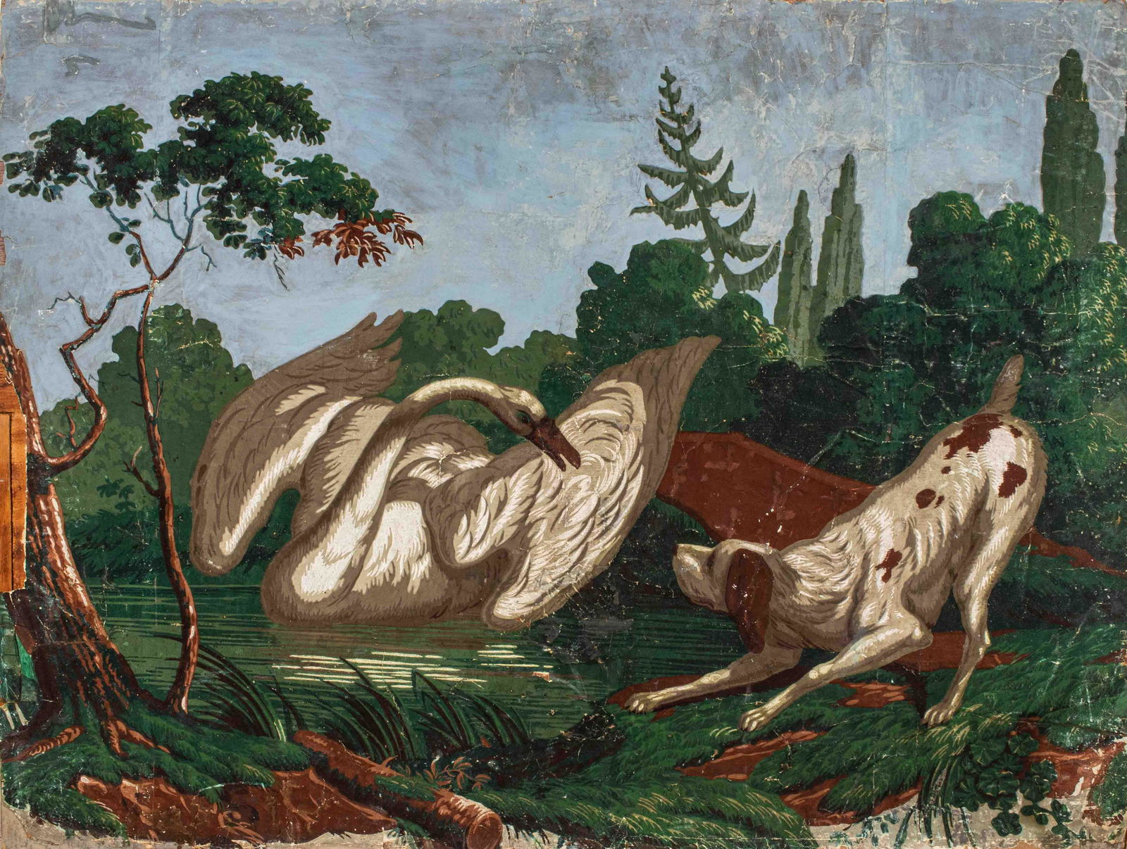 Continental School Wallpaper Panel w Swan and Dog (1 of 7)
