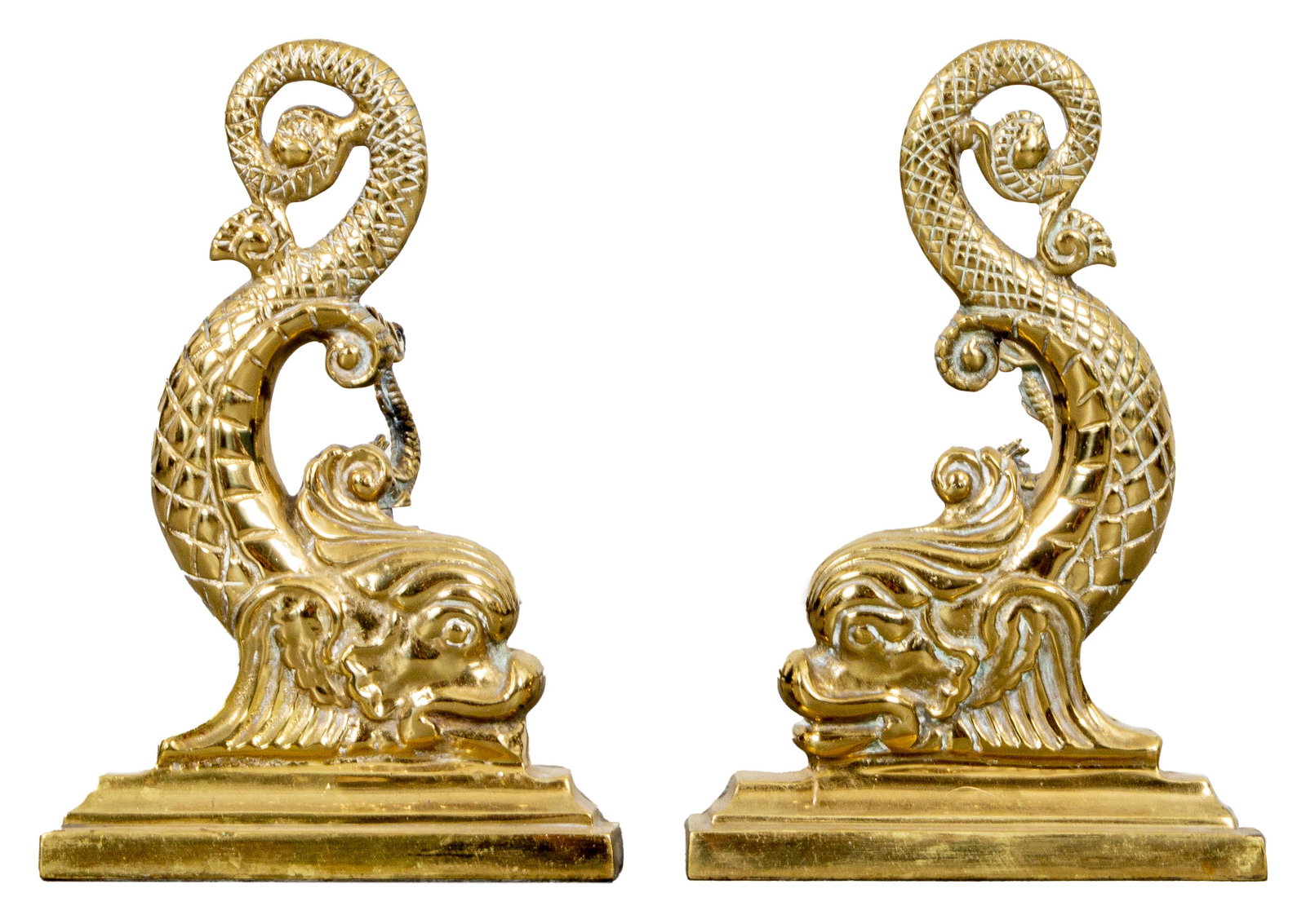 Nautical Motif Brass Dolphin Chenets: Nautical motif brass dolphin chenets or andirons. 15" H x 11" W x 24" D.