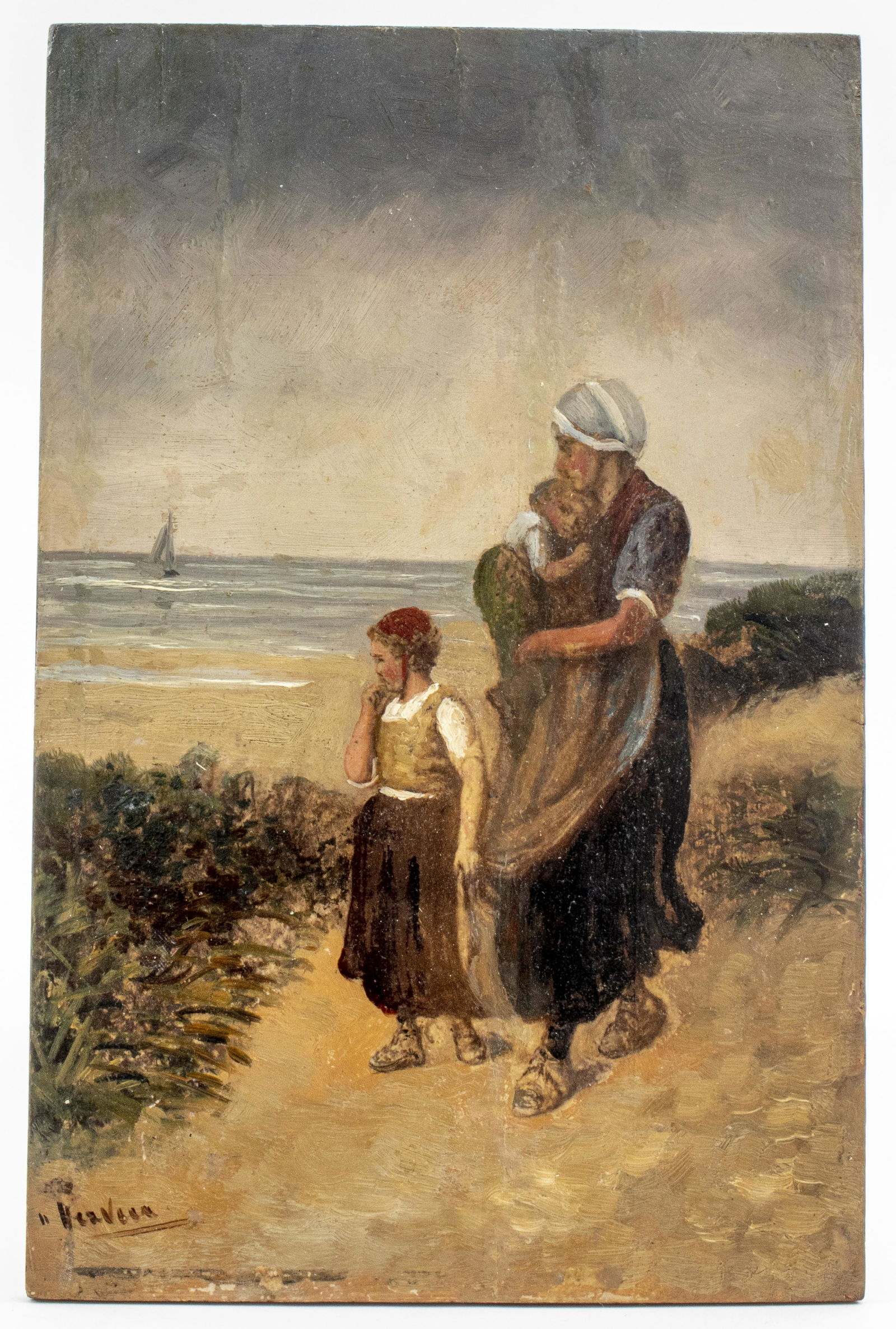 19th C. Ethel Hamilton Oil Painting, Family at Seaside (1 of 5)