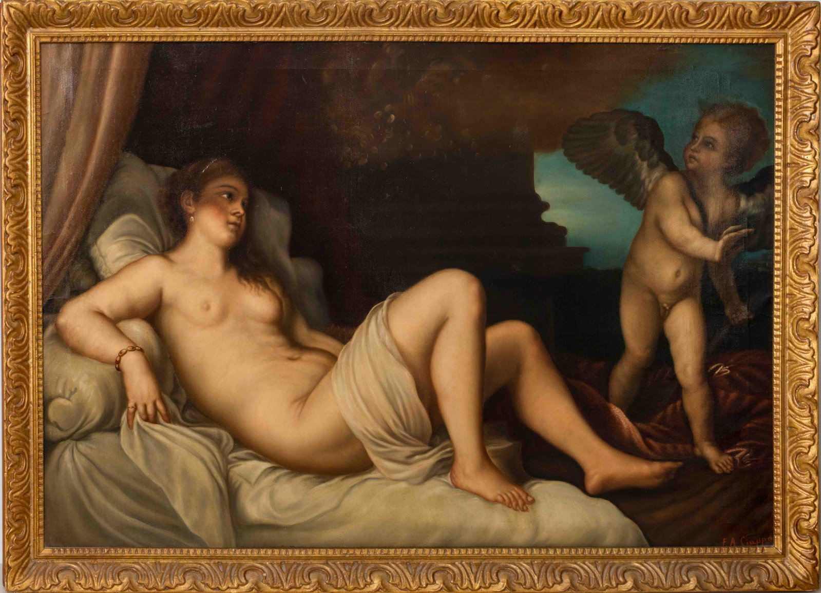 Federico Alessandro Ciappa Oil on Canvas, 18/19th C.: Federico Alessandro Ciappa (Italian, 1766-1826) after Titian's "Danae and the Shower of Gold" oil on canvas painting depicting the nude Princess Danae reclining in her bed, draped in sheets, and being