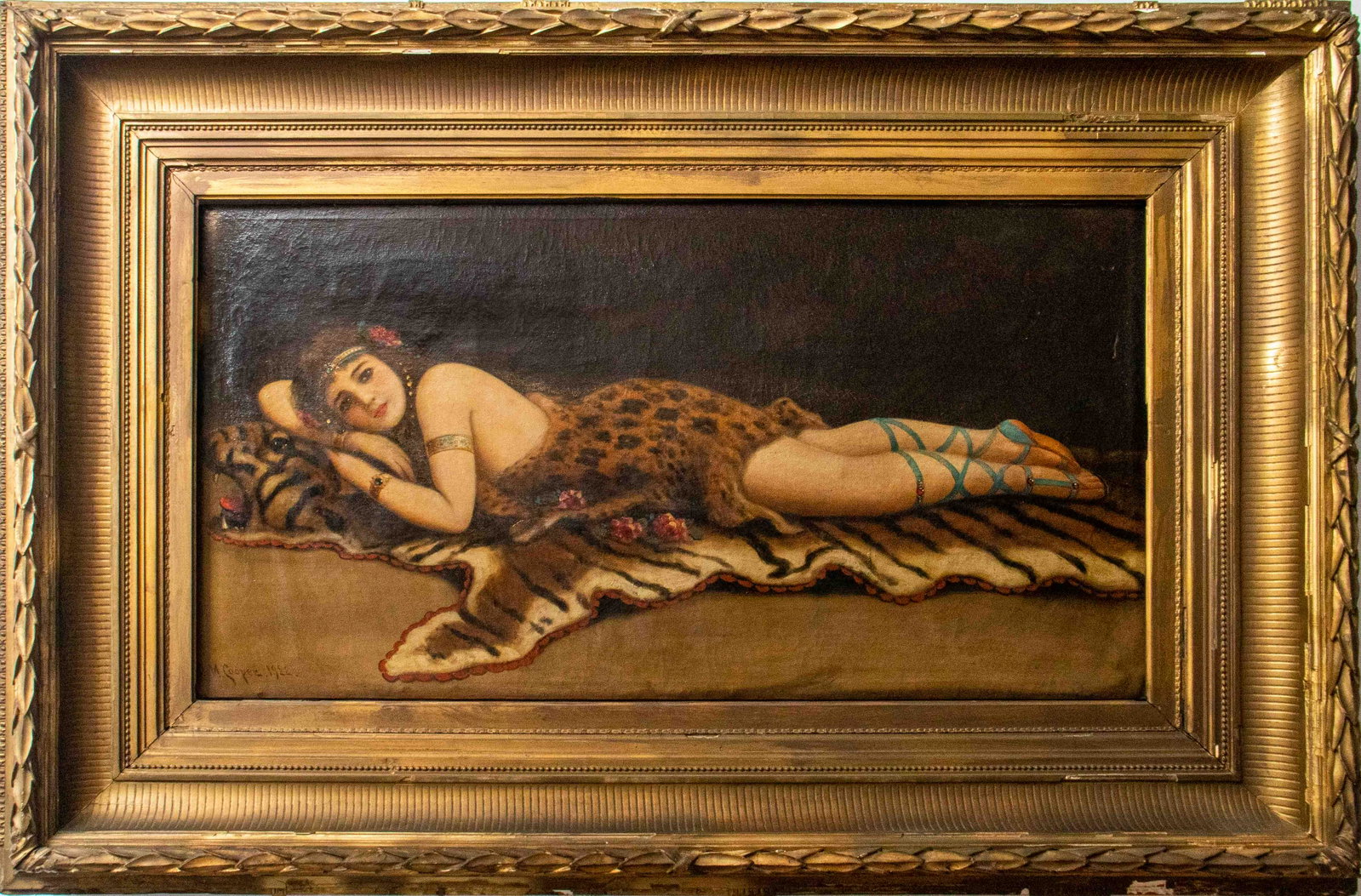 Astley David Middleton Cooper Oil on Canvas: Astley David Middleton Cooper (American, 1856-1924) oil on canvas depicting a reclining semi-nude beauty bedecked in a jeweled headpiece, arm cuffs, and bracelets, wearing teal Grecian lace-up sandals