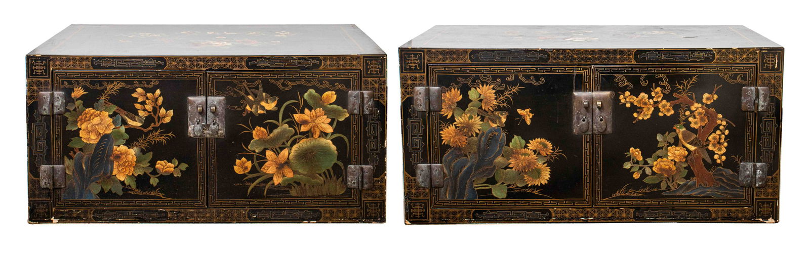 Chinese Hand Painted Black Lacquer Cabinets, Pair (1 of 18)