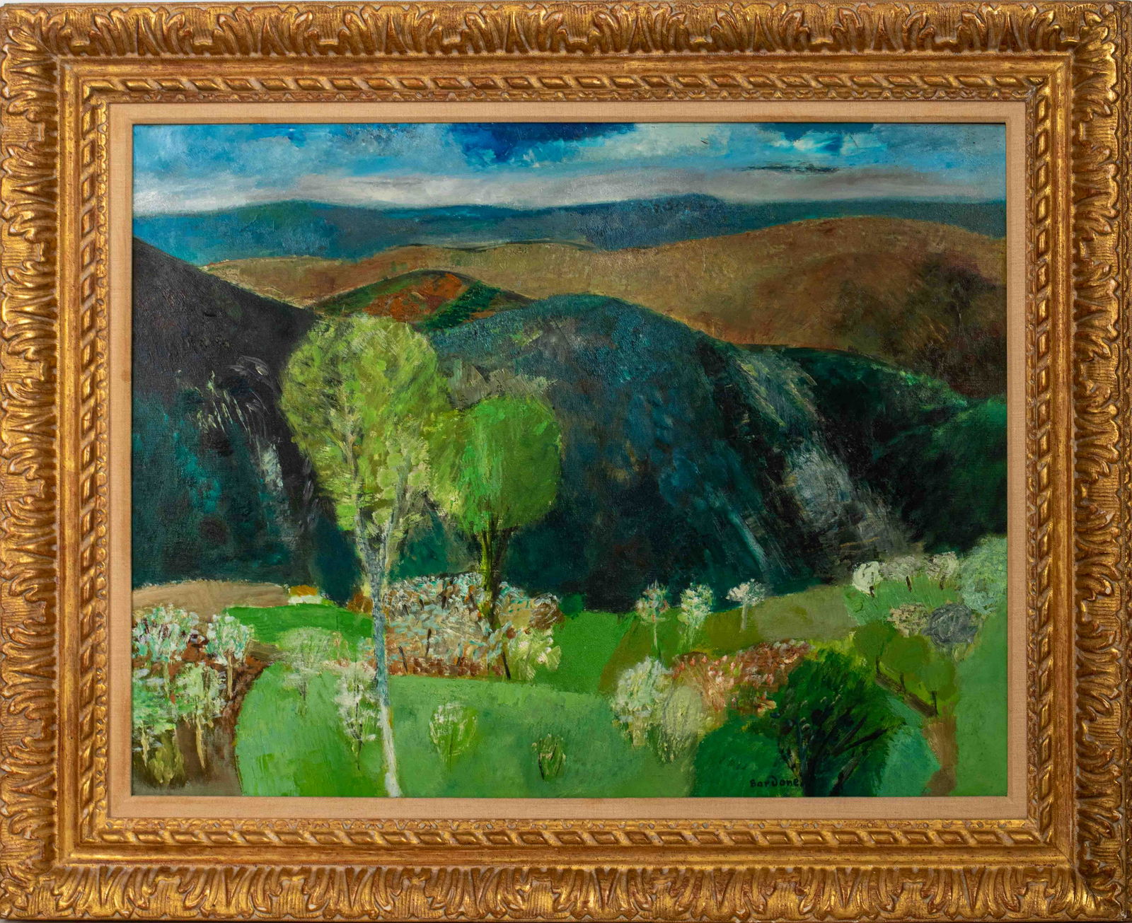 Guy Bardone Oil on Canvas Landscape Painting: Guy Bardone (French, 1927-2015) "Delphas, Greece" oil on canvas painting depicting a vibrant landscape with trees in bloom, ocean, clouds, and blue sky in the distance, housed within a giltwood frame,
