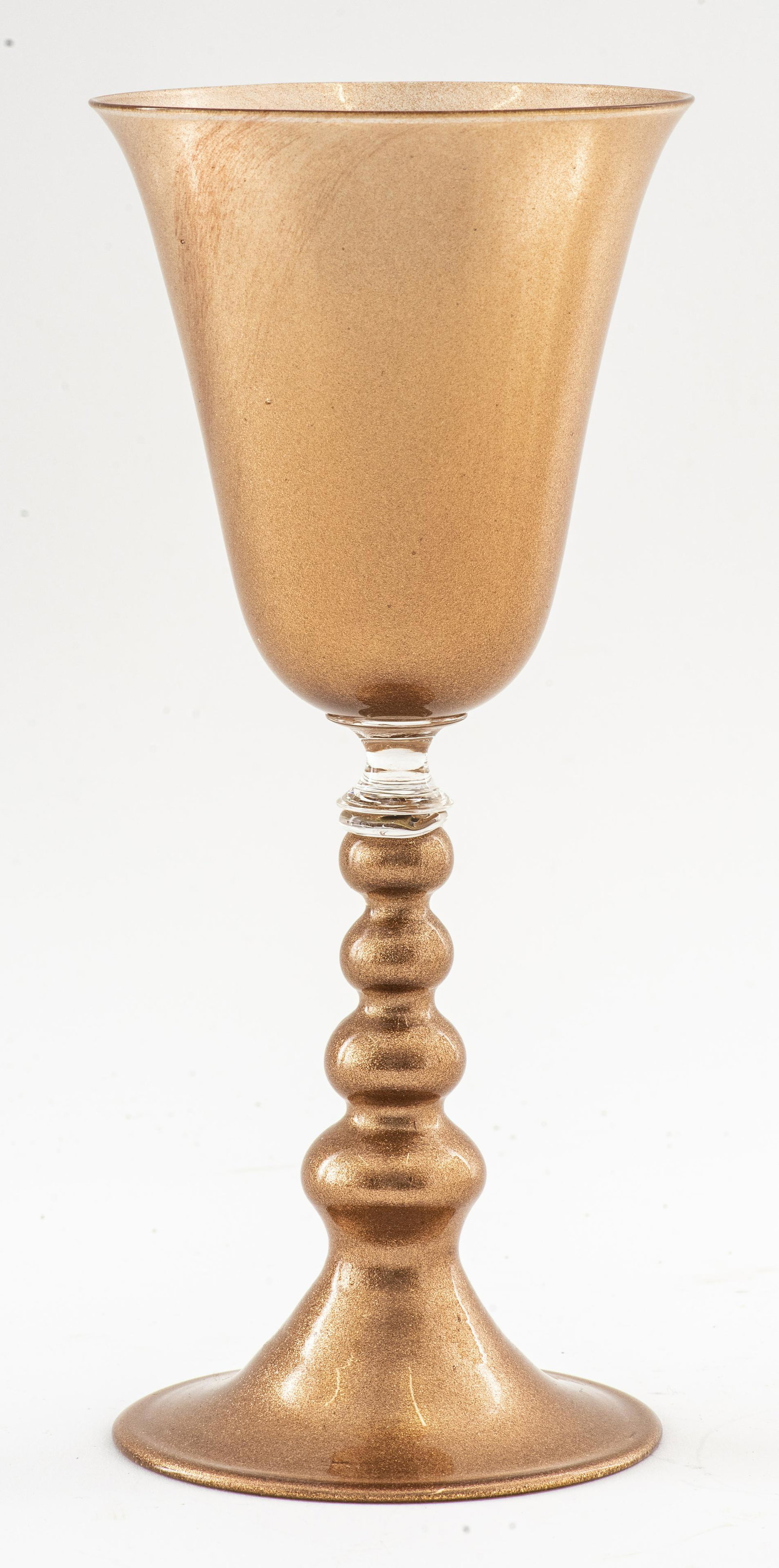 Davide Fuin Venetian Murano Glass Goblet: Davide Fuin Venetian Murano blown gold flecked glass water or wine goblet, signed "Davide Fuin Murano" to base. 9” H x 4” diameter. Provenance: Property removed from the 5th Avenue residen