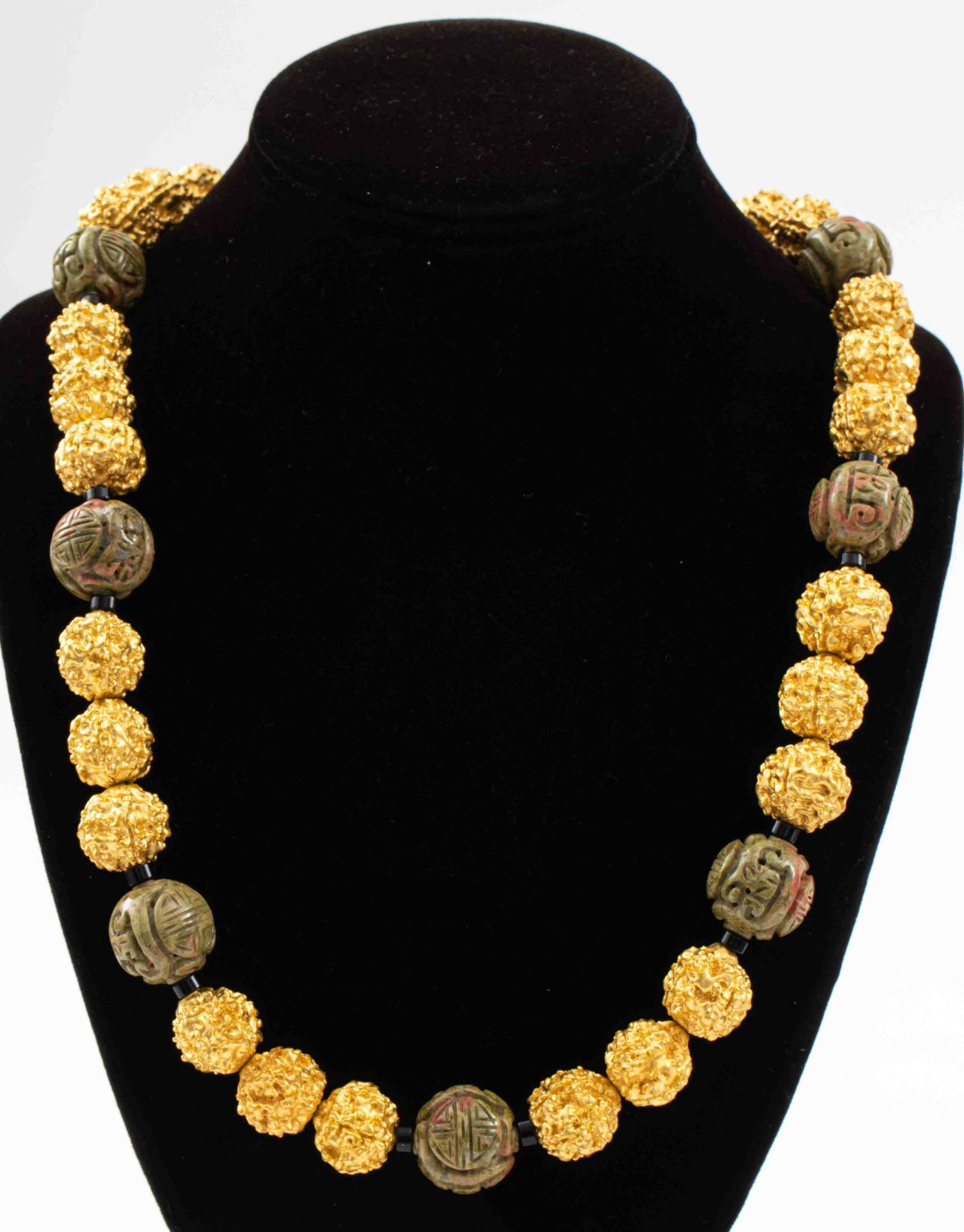 Chinese Carved Unakite & Gold-Tone Beaded Necklace (1 of 7)