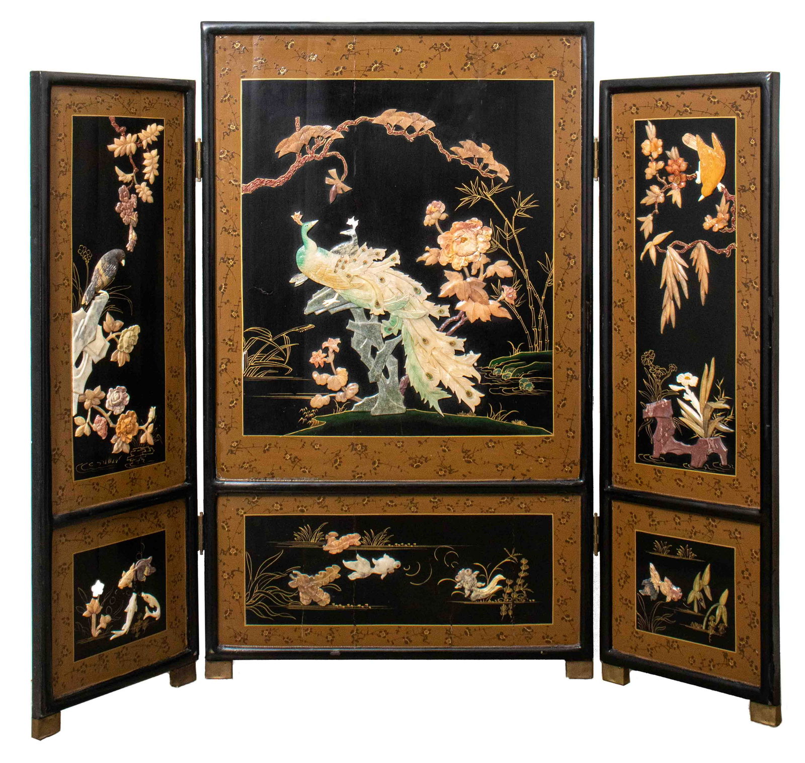 Chinese Black Lacquer Screen with Stone Inlay (1 of 14)
