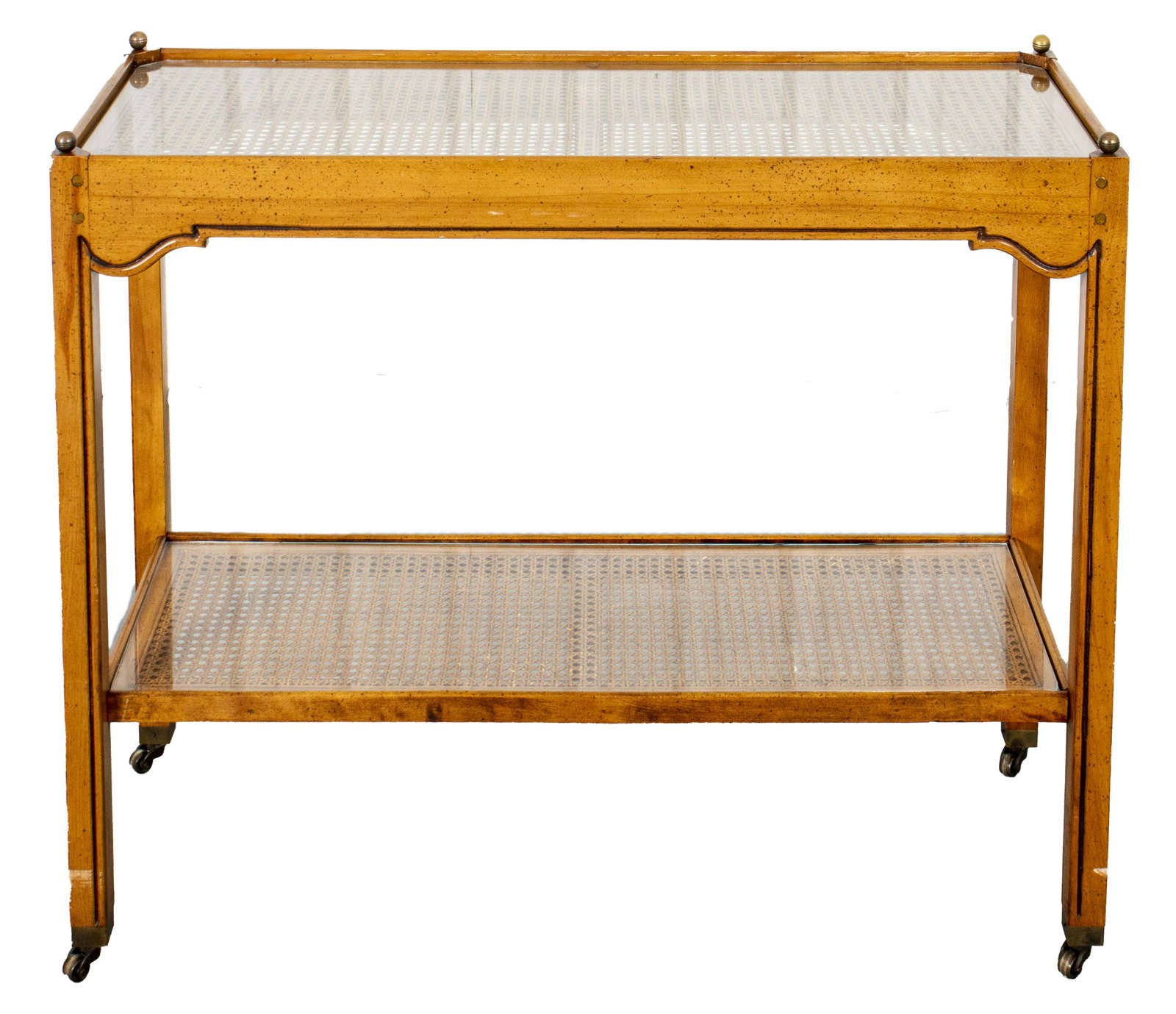 Neoclassical Manner Bar Cart: Neoclassical manner serving cart or bar cart with two caned surfaces, covered in glass tops. 30.25" H x 36" W x 14" D.