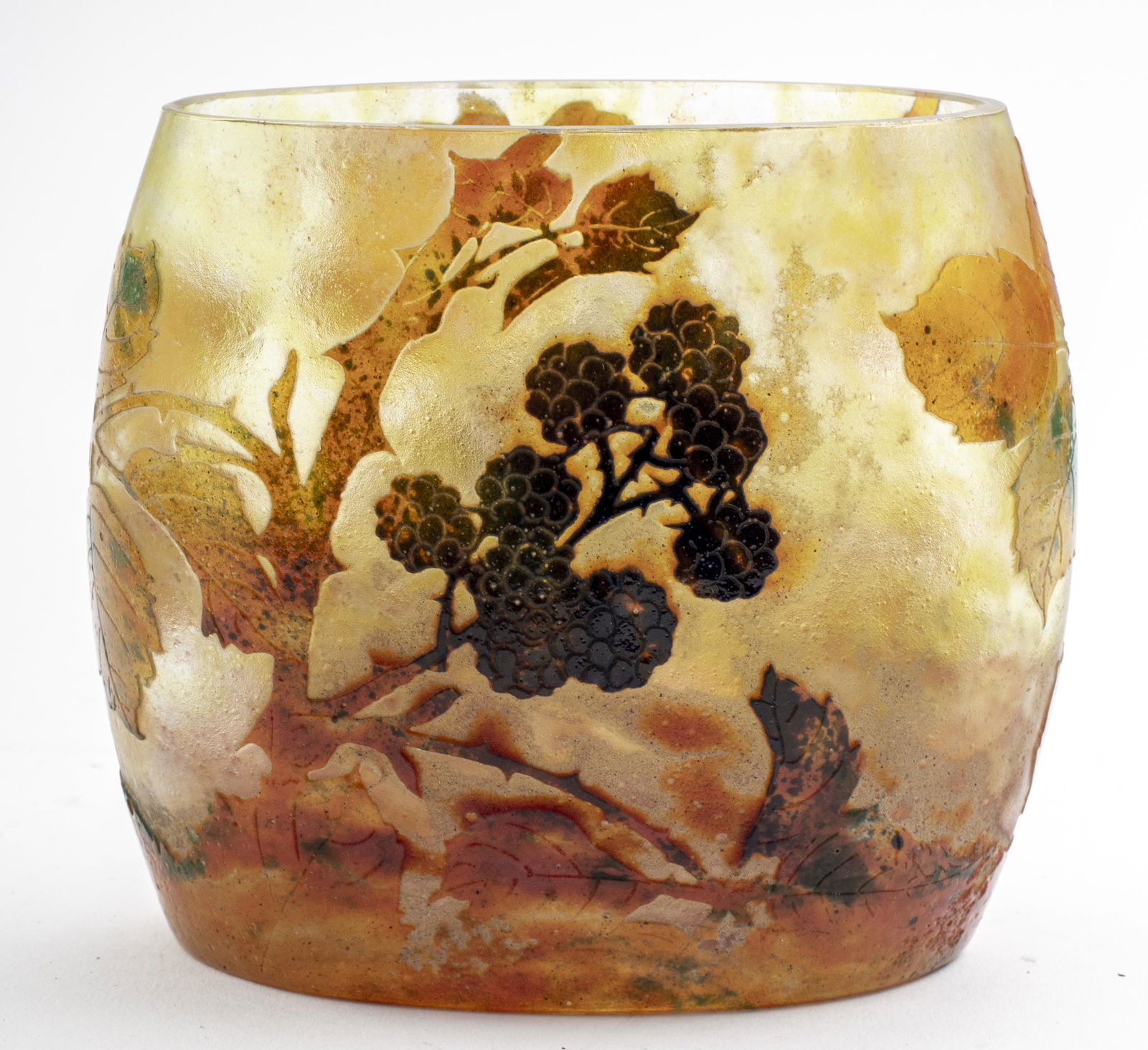 Daum Nancy Blackberry Art Glass Vase: Daum Nancy blackberry cameo art glass vase, with a mottled yellow-orange background and blackberry bushes, marked. 4.75" H x 4.5" W