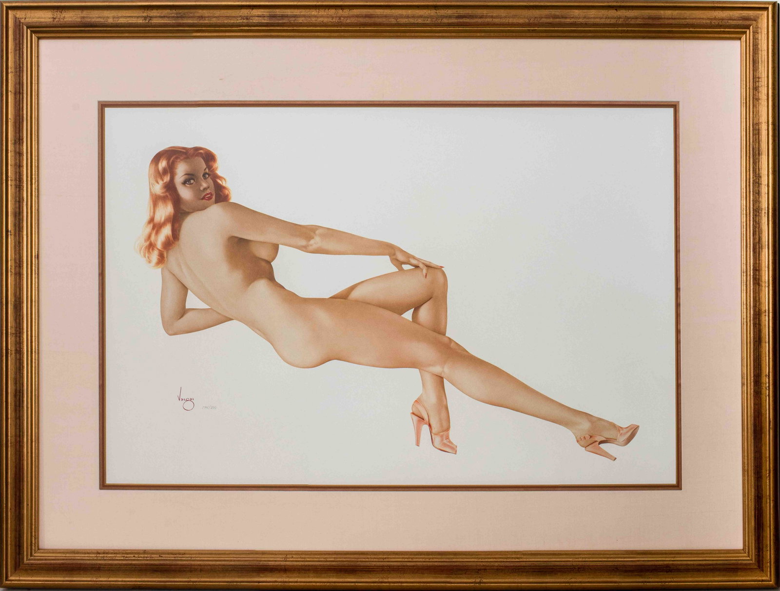 Alberto Vargas Pin-up Lithograph: Alberto Vargas (Peruvian/American, 1896 - 1982), lithograph depicting a strawberry blonde nude woman wearing pink satin heels, edition 194/200, signed in plate and house under glass in a giltwood fram