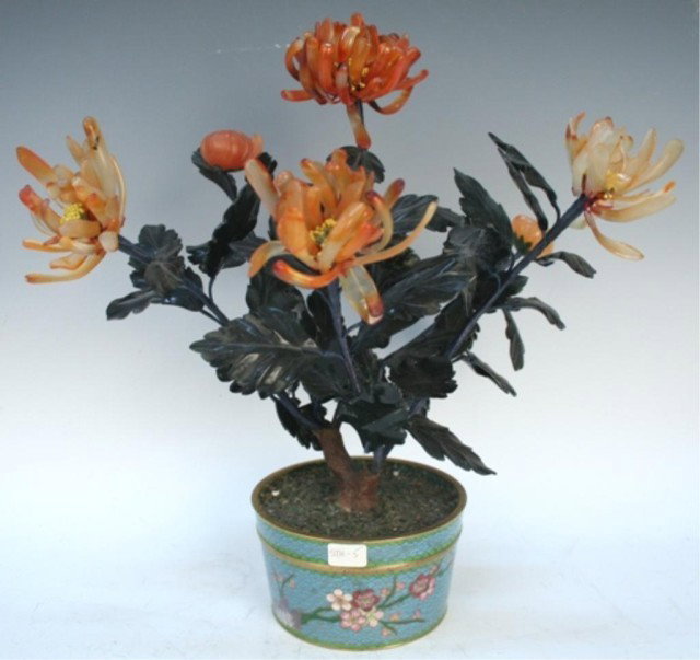 Chinese Agate, Jade & Cloisonne Floral Group 1960s: Carnelian agate flowers with spinach jade leaves in cloisonne planter, China, 1960s; unmarked. Dimensions: Approximately 12-1/2"H x 13"W x 10-1/2"D