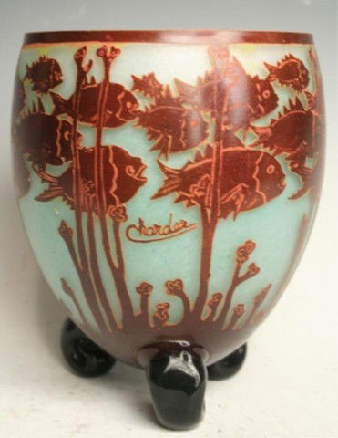 French Charder Cameo Art Glass Fish Vase: Charder cameo glass vase decorated with stylized fish, France; marked. Dimensions: 7-3/4"H x 6-1/2" diameter