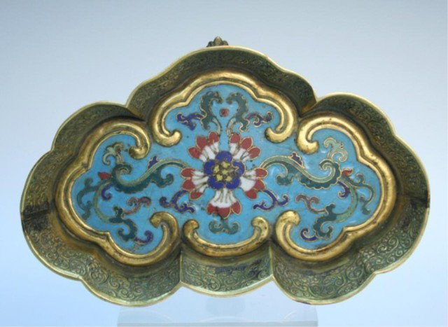 18th C. Cloisonne Plaque on Tray, Edward I. Farmer: Polychrome cloisonne plaque mounted on metal tray by Edward I. Farmer, eighteenth century; marked on bottom. Dimensions: Approximately 1-1/4"H x 6-1/4"L x 4"W