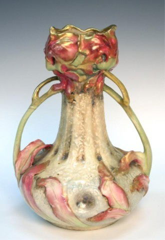 Nouveau Austrian Amphora Iridescent Peony Vase: Art Nouveau iridescent Amphora vase with raised and applied leaves and cut-out peony rim, porcelain, Austria, circa 1900; stamped and numbered on bottom. Shown on page 36 of "Monsters and Maidens" by