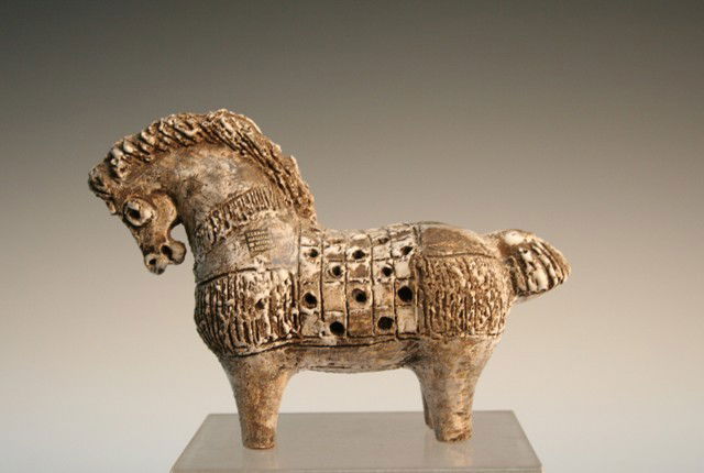 German Ceramic Horse by Gudrun Baudisch-Wittke: Keramik Hallstatt sculpture of a horse featuring lava glaze by Gudrun Baudisch-Wittke (Austrian, 1907-1982), ceramic, Germany, circa 1960s; sticker on the side of the neck and signed on underside. Bau