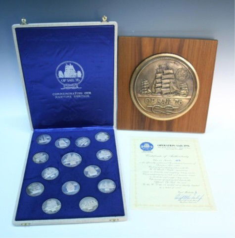 1976 Bicentennial "Op Sail" Sterling Medal Set: Lot including a set of fourteen commemorative Bicentennial medals of Operation Sail 1976 each depicting a different warship on one side and the Official Op Sail '76 seal on the other, of which only 10