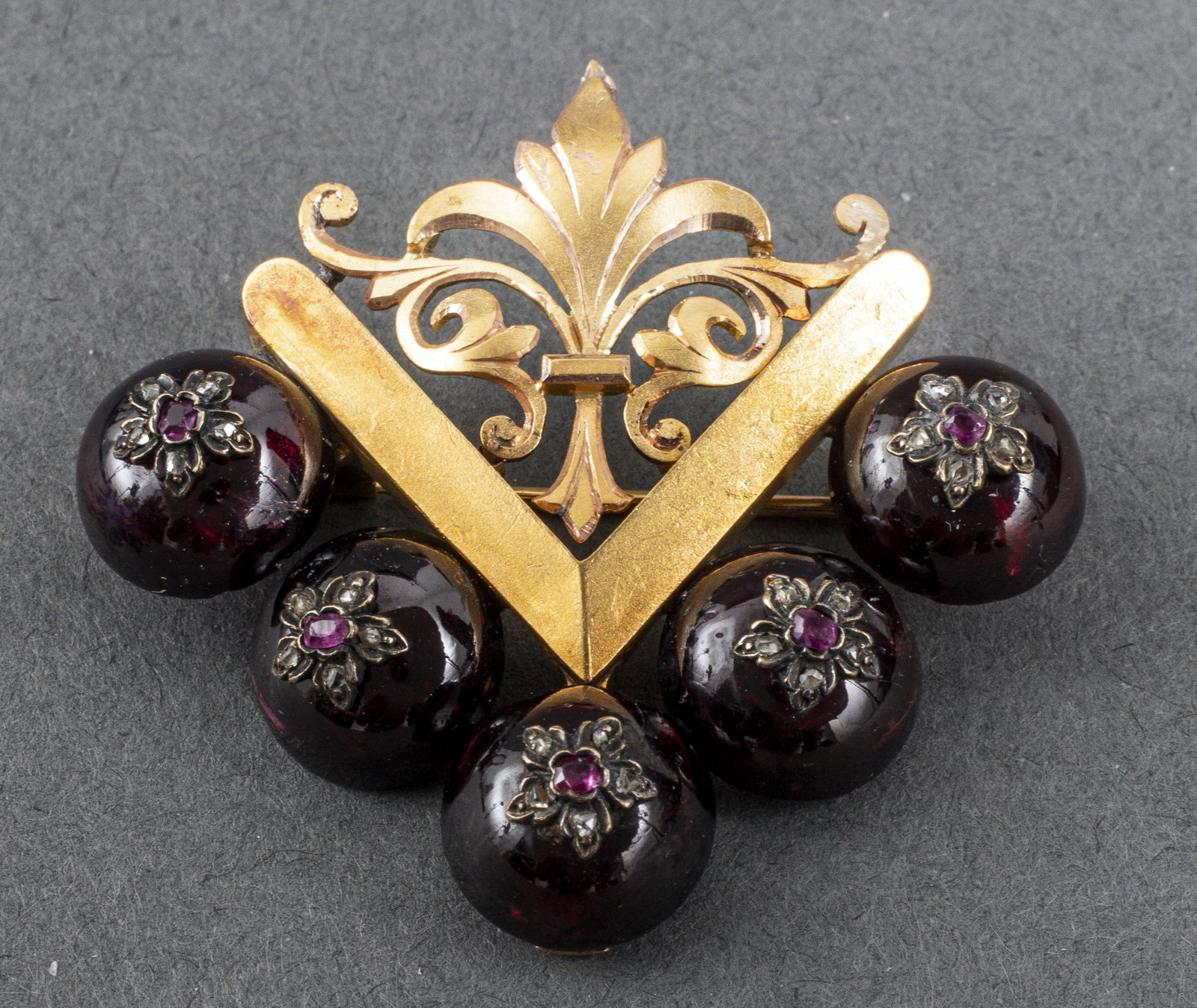 Antique 18K Gold/Silver Garnet Ruby Diamond Brooch (1 of 5)