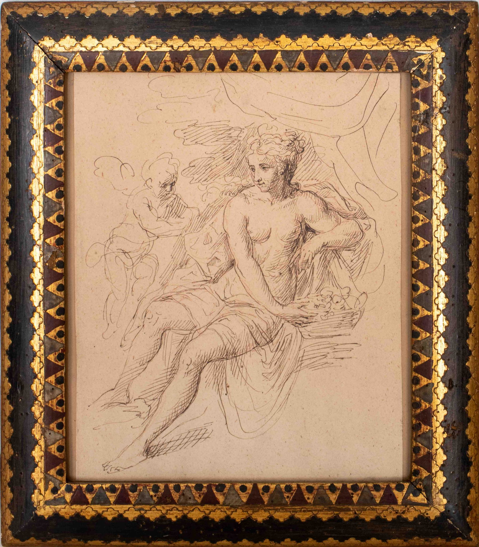 Continental School Ink on Paper of Woman & Putti: Continental school red chalk and brown ink on paper sketch drawing depicting a reclining, semi-nude female next to a winged cherub / putti, housed under glass in a gilt, red, and black painted wooden 