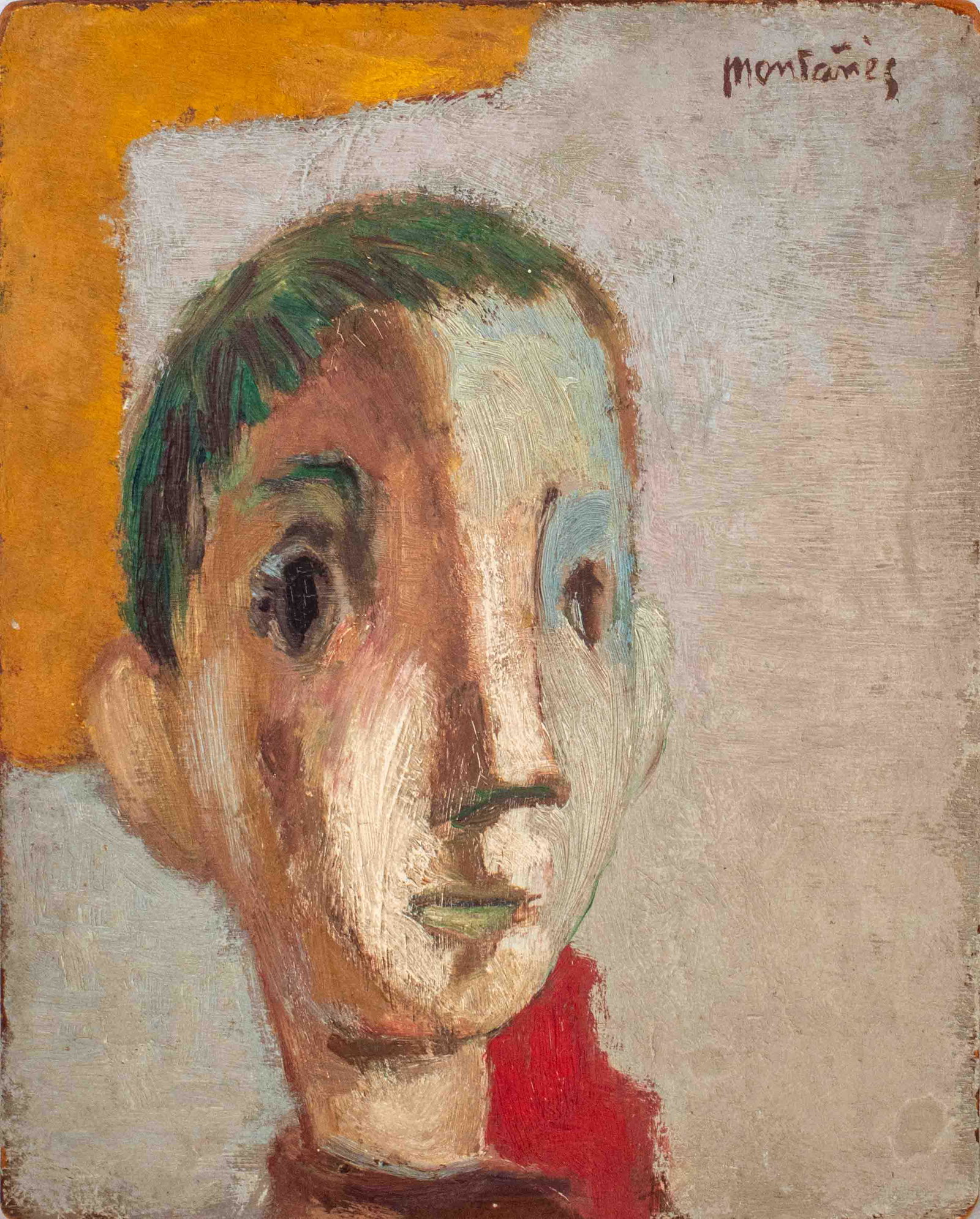Jose Montanes Oil on Board of Boy, Mid-Century: Jose Montanes (Spanish, 1918-1998) oil on board panel painting depicting a surreal head of a boy with green hair, signed to upper right. 10.5" H x 8.5" W.